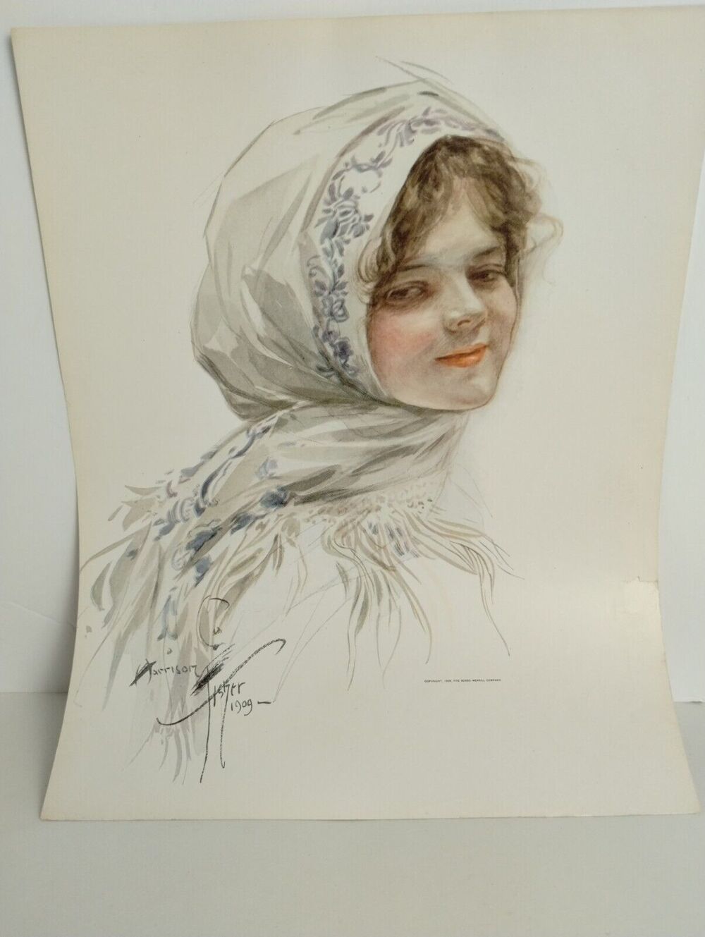 Harrison Fisher Girl in WHITE SCARF 1909 Antique Art Deco Print